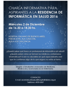Miércoles 2 de diciembre charla informativa Residencia de Informática&nbsp;Médica