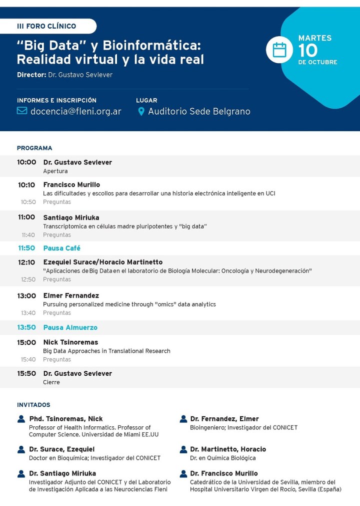 Foro clínico de Big data y bioinformática en Fleni el martes 10 de octubre, Buenos&nbsp;Aires